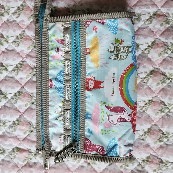 Rare Lesportsac Artist zipper pouch rainbow sky blue pink inner bird art cosm… - Picture 3 of 13